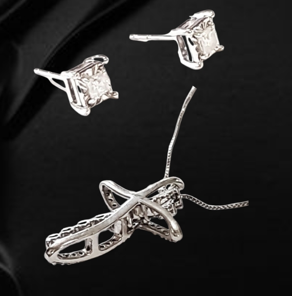 14K White Gold Convertible Cross Pendant with Natural Diamonds & Stud Earring